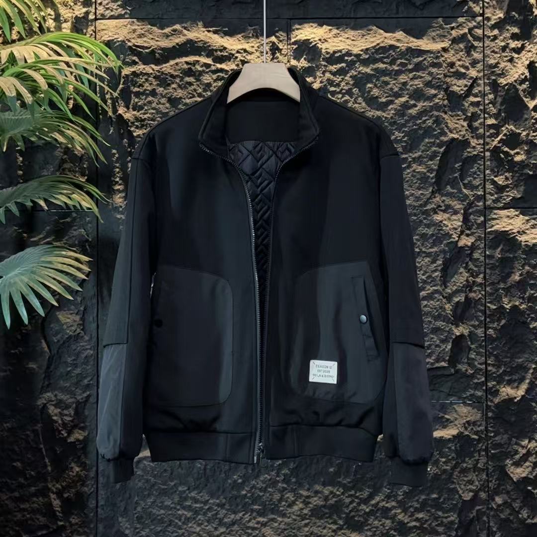 2025秋冬季新款百搭慵懒风拼接立领夹克外套加棉加厚男士夹克