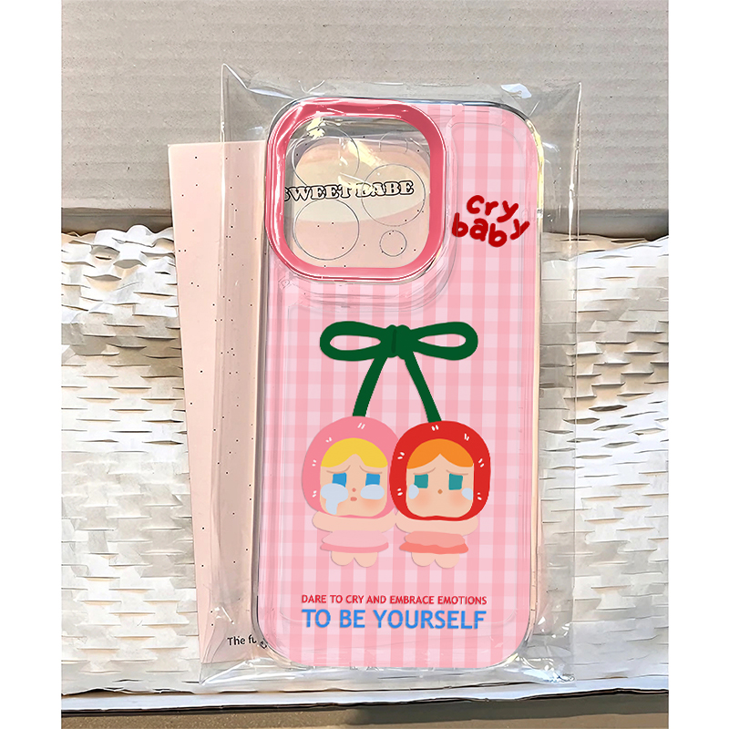 雅天立可爱粉格蝴蝶结哭娃适用iPhone16手机壳13华为vivo小米oppo