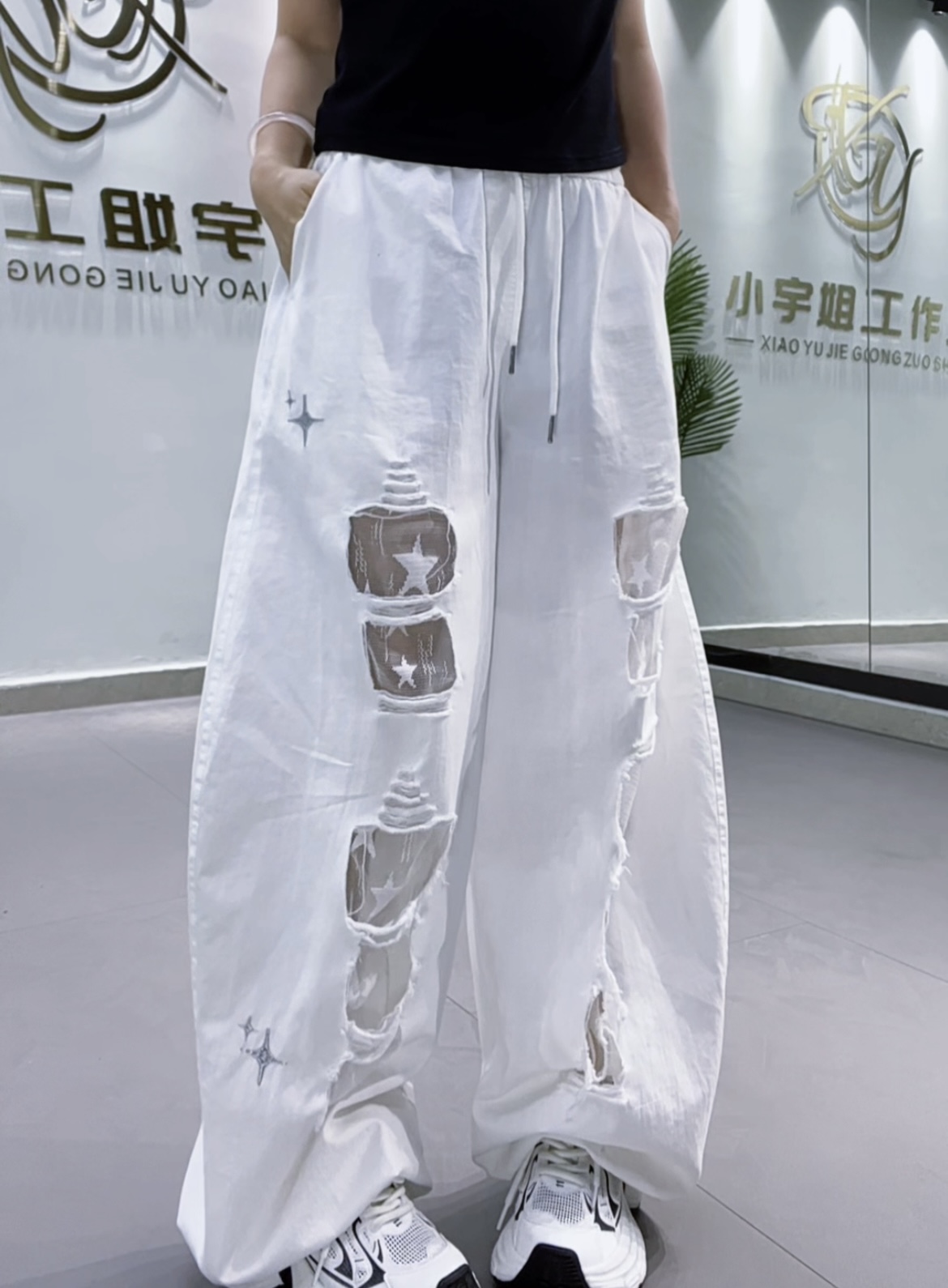 25831蕾丝贴布破洞跳舞长裤阔腿宽松欧美设计感休闲百搭潮流