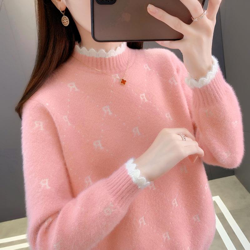 半高领水貂绒毛衣女2025秋冬新款加绒加厚宽松洋气内搭针织打底衫