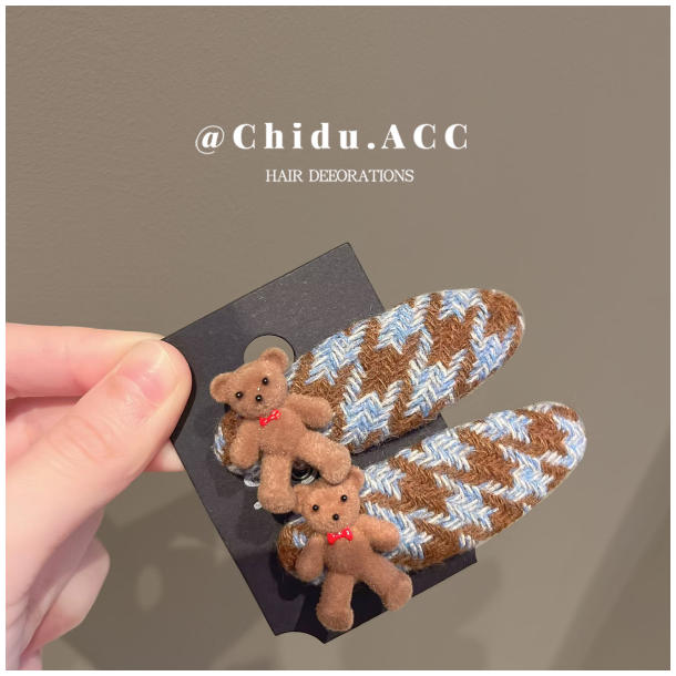 韩国秋冬新款植绒小熊发夹千鸟格掰掰夹刘海夹前额碎发夹头饰发饰