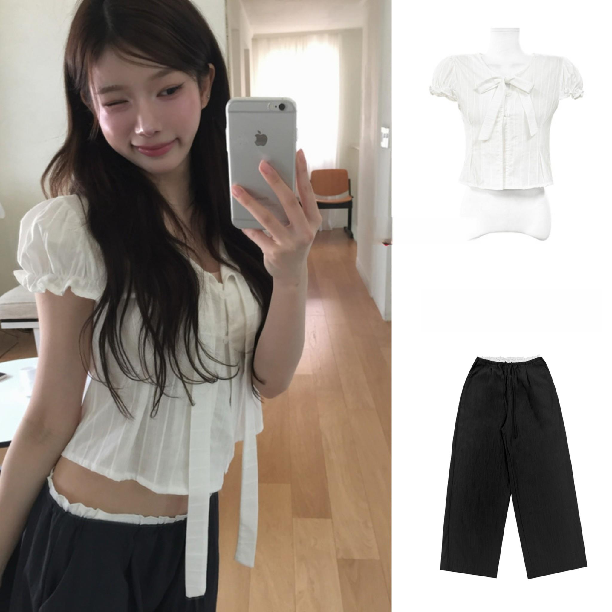 Unique SEI韩系夏季甜美短款蝴蝶结绑带泡泡袖衬衫直筒拼接休闲裤