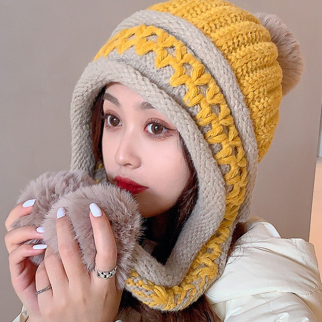 羊毛帽子韩国风格女孩冬季加厚保暖护耳针织帽羊毛衬里甜美可爱的