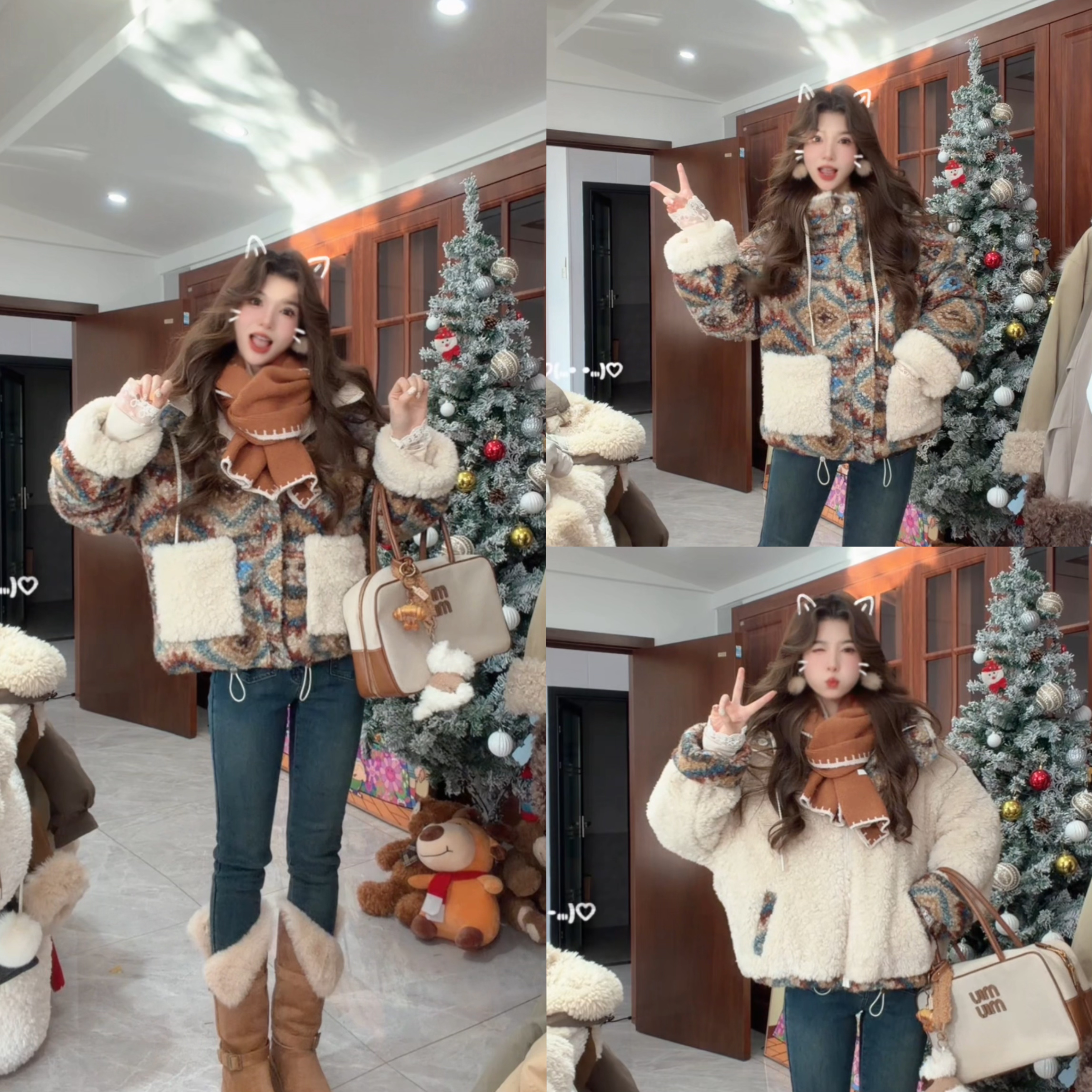 秋冬季高级感正反两穿2025新款毛绒加厚连帽短外套