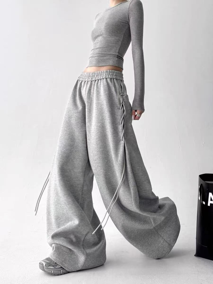 灰色侧边带运动裤女2025秋季新款高腰显瘦宽松休闲裤直筒阔腿卫裤