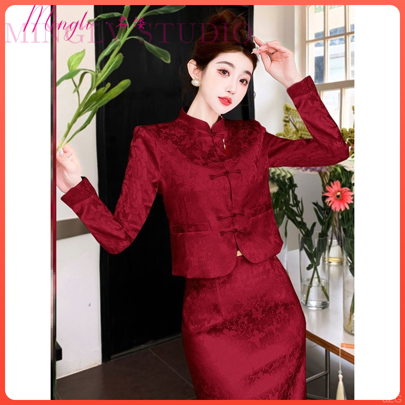2025年春秋新中式气质女神范提花盘扣上衣半裙两件式酒红色洋装