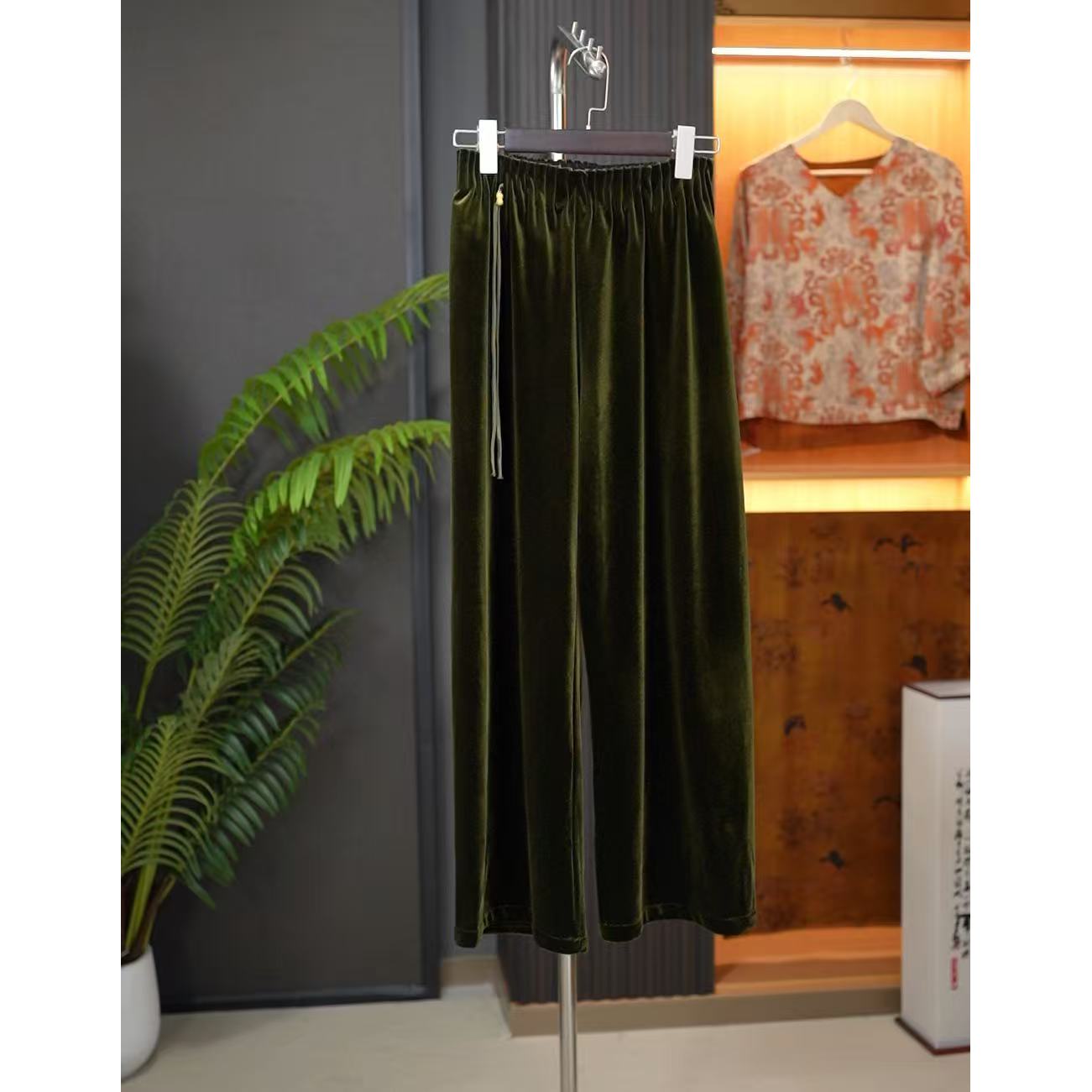 【SR朝花夕拾】新中式国风醋酸丝绒松紧腰流苏吊坠国潮休闲直筒裤