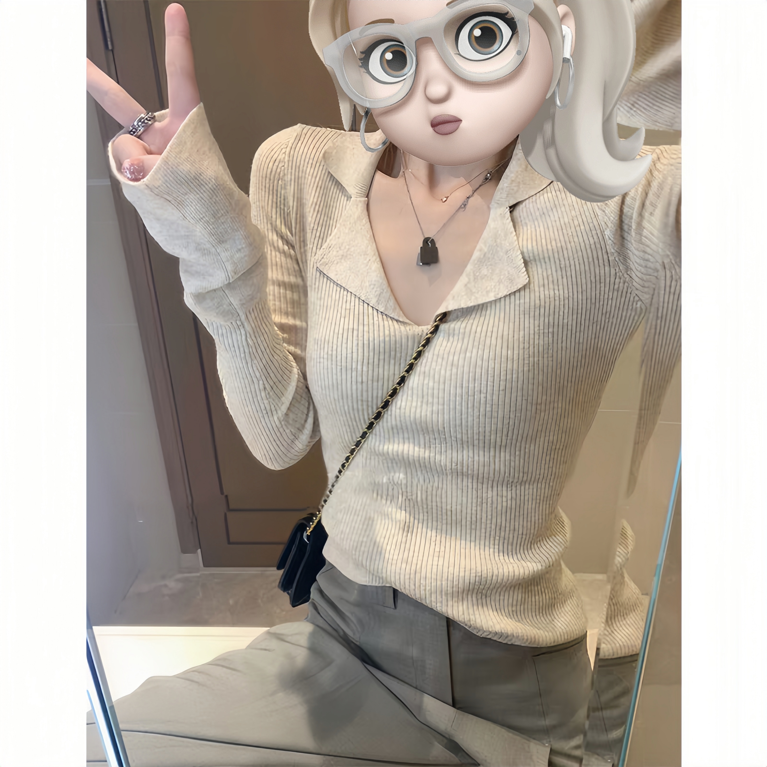 翻领设计感长袖针织衫2025年秋冬洋气新款修身显瘦内搭打底上衣女