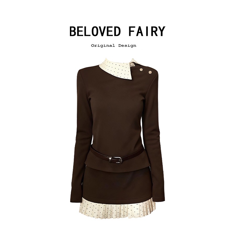 韩系学院风假两件翻领针织套装女秋冬季时尚气质上衣半身裙两件套