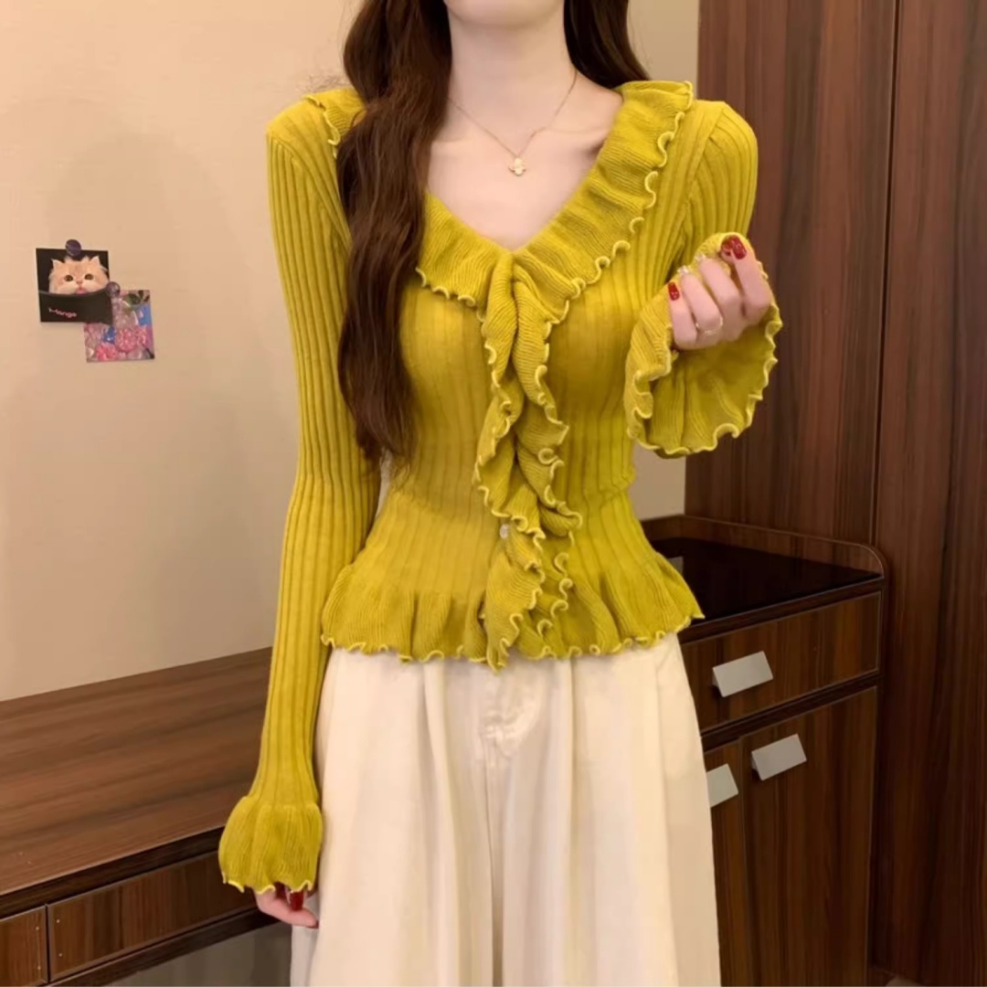 纯欲辣妹风荷叶边V领长袖针织衫女早秋新款修身显瘦别致短款上衣