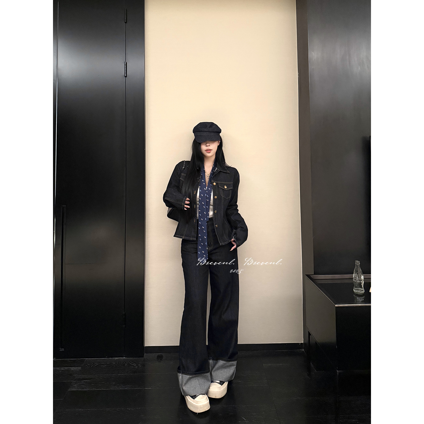 黑泽玄七“爆金币牛仔套装”秋季微胖贵线小金扣系列！超显瘦剪裁女