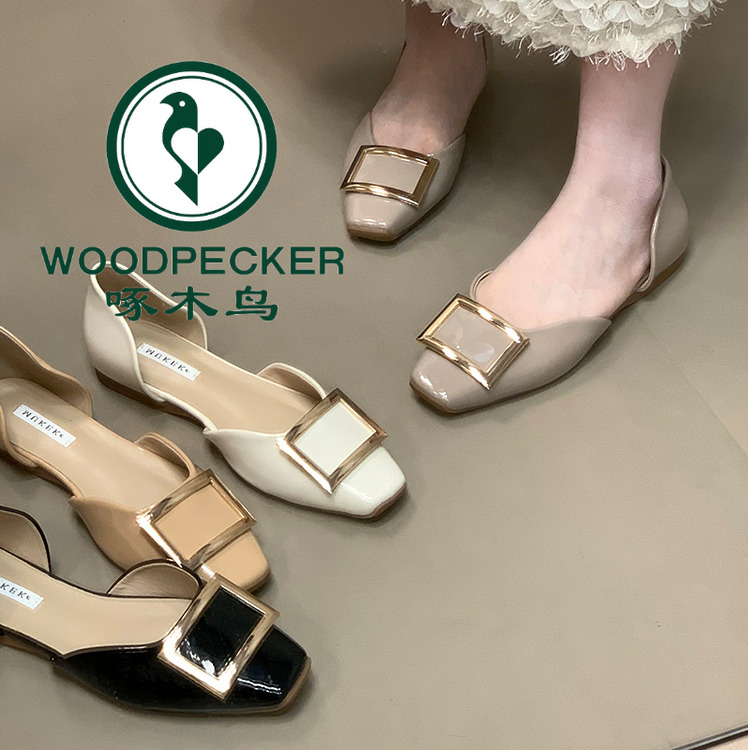 啄木鸟秋季时尚方扣中空平底鞋女浅口一脚蹬玛丽珍鞋法式通勤单鞋