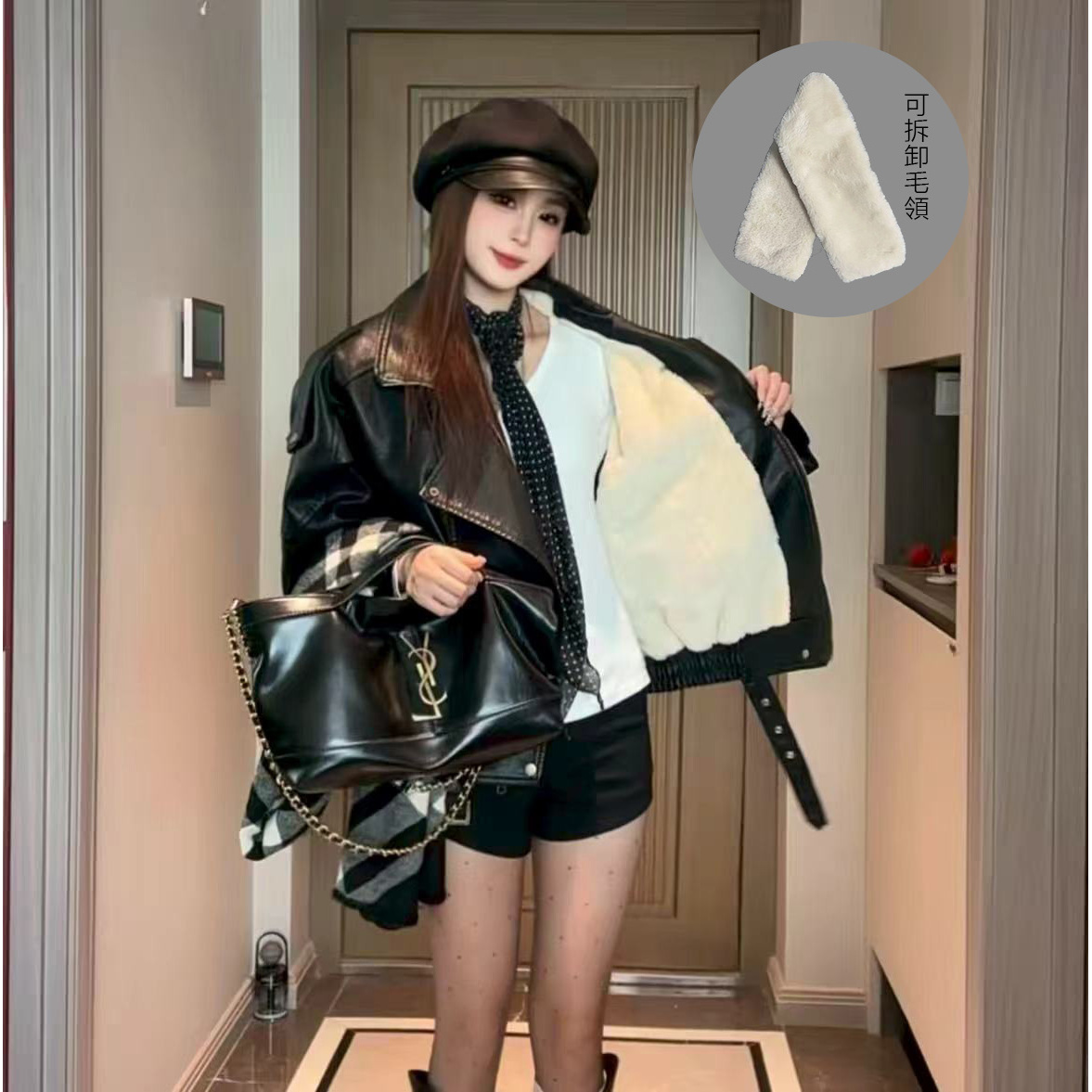 海宁皮衣女冬季时尚复古百搭拼接毛领（可拆卸）加绒机车服外套8892