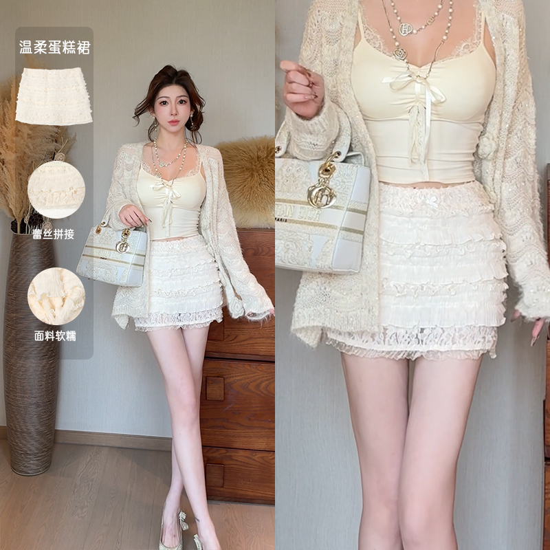 小雨姐姐秋款【布塔尼短裙】时尚复古甜美蕾丝拼接多层蛋糕短裙新款