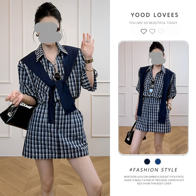 韩版气质撞色拼接格纹披肩格子衬衫连衣裙夏季小众设计感收腰短裙
