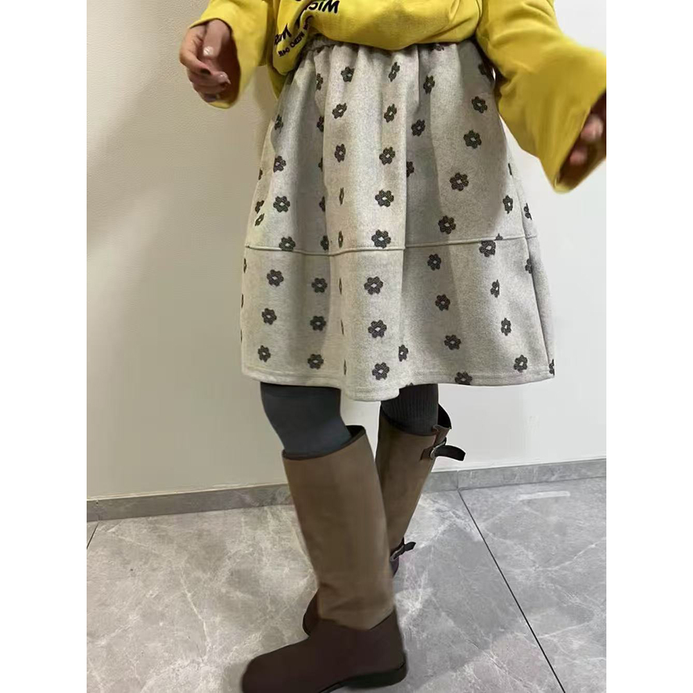 韩版复古碎花毛呢半身裙女2025新款高腰显瘦百搭蓬蓬裙花苞短裙冬