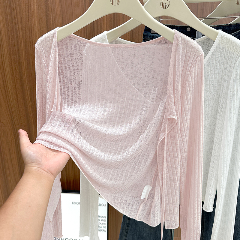 粉色配吊带背心外搭长袖罩衫秋季新款系带V领针织开衫防晒披肩女