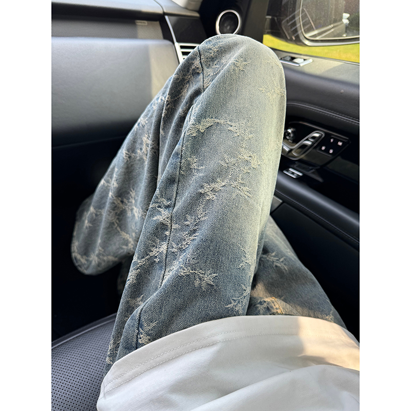 浅蓝色荆棘提花牛仔裤美式高街vibe裤子男夏季水洗直筒微喇弯刀裤