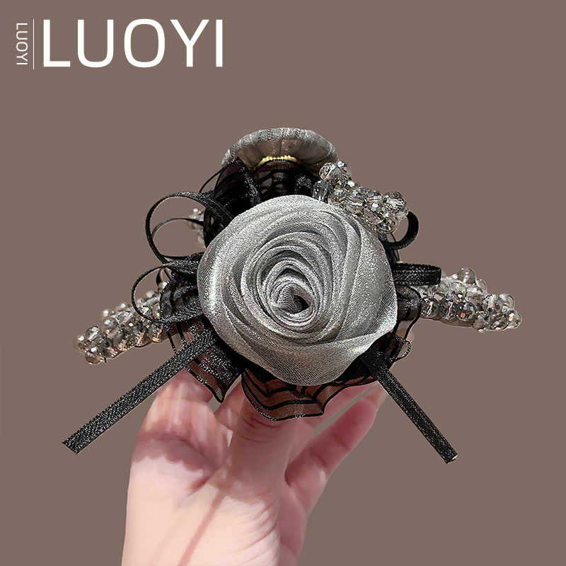 13cm新款手工穿线水晶珠珠布艺玫瑰花抓夹女后脑勺盘发鲨鱼夹发饰