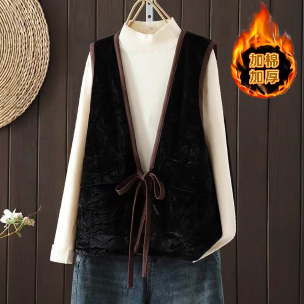 高级感复古丝绒棉马甲背心外穿秋冬季新款大码棉马夹外套加厚上衣