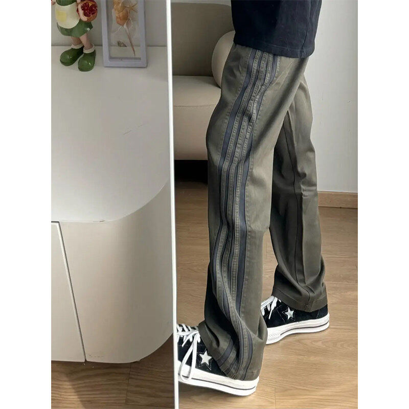 美式复古三条杠条纹加绒裤子男秋冬军绿色工装裤垂感直筒休闲长裤