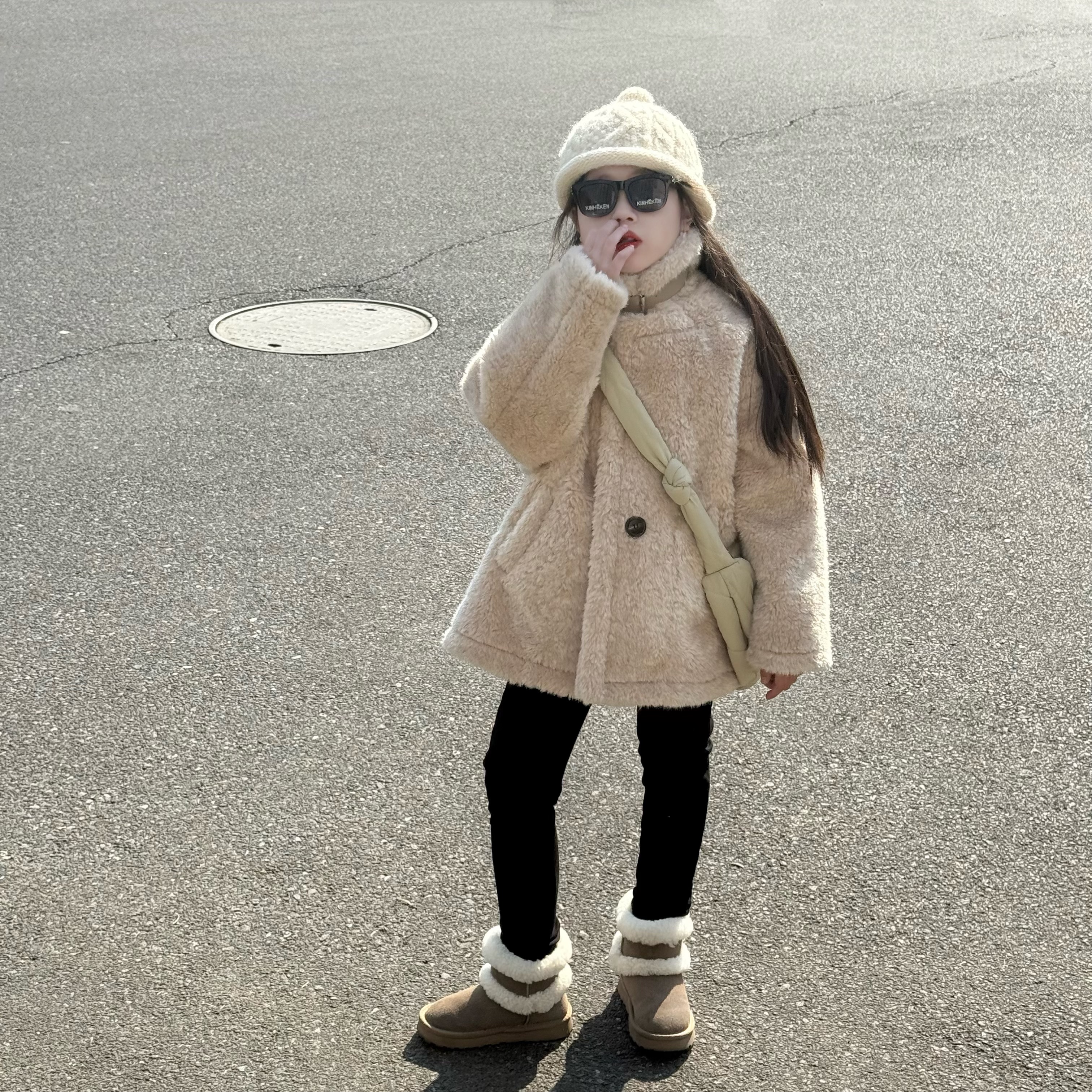 女童冬季韩版时髦中长加厚时尚毛毛大衣外套中大童加绒弹力小黑裤