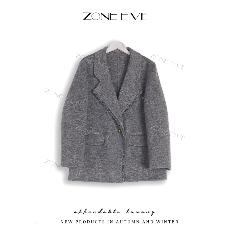 【zonefive】秋冬季百搭双面呢大衣女中长款宽松秋冬毛呢外套8062