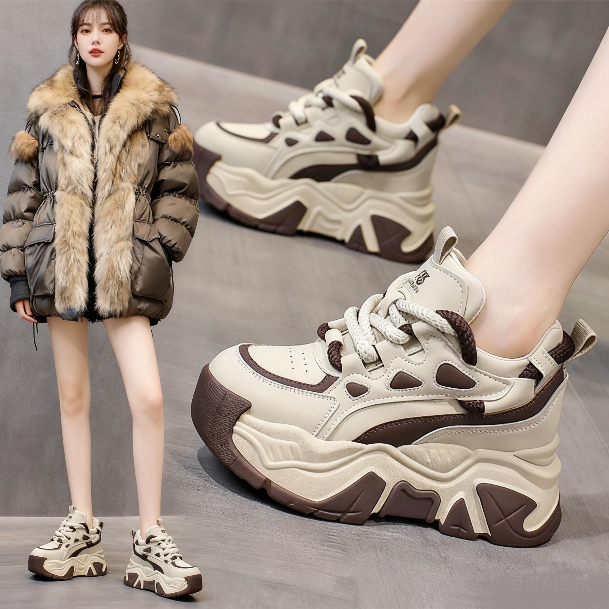 欧洲站小个子女鞋松糕厚底内增高小白鞋老爹鞋女2025秋季新款超火