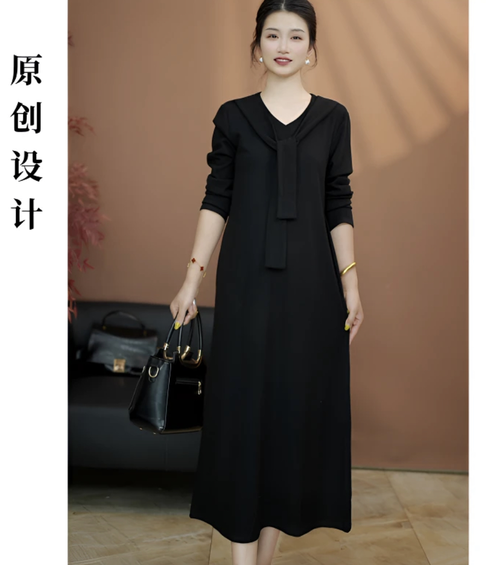 秋季新款洋气百搭长袖针织围巾领遮肚显瘦时尚气质连衣裙 096