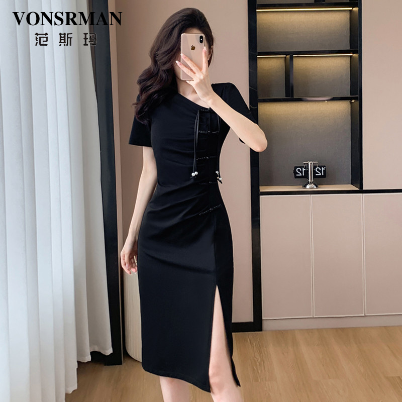 赫本风休闲连衣裙女2025夏洋气收腰显瘦新中式设计感小众小黑裙女