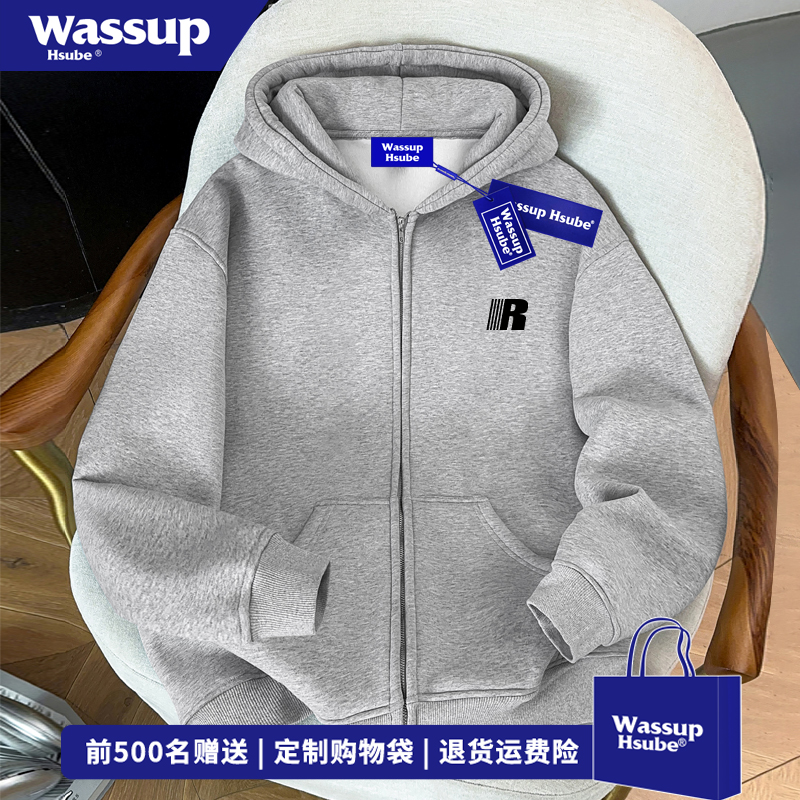 WASSUP HSUBE美式oversize潮流字母连帽开衫卫衣男秋冬浅灰色外套