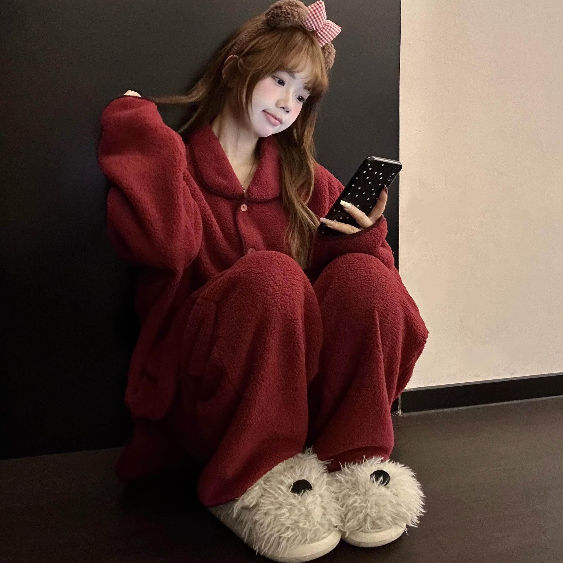 红色圣诞氛围感针织半边绒睡衣女冬季加绒加厚保暖家居服套装外穿