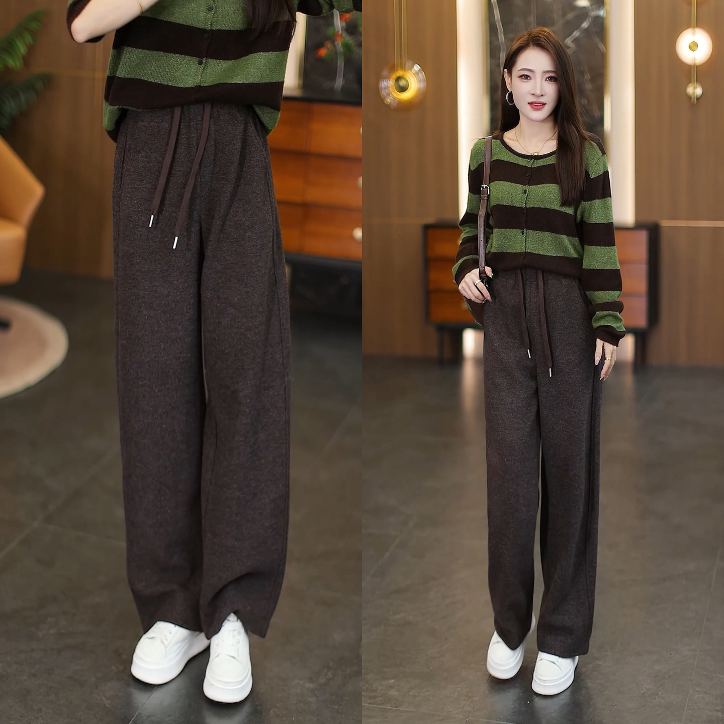 拉夏贝尔灰色阔腿裤女款2025新款秋冬季今年流行宽松显瘦弯刀裤子