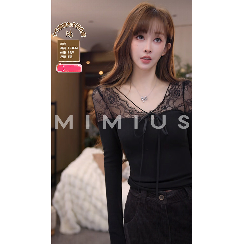 【mimius】P 纯欲蕾丝拼接交叉绑绳修身上衣 G12046