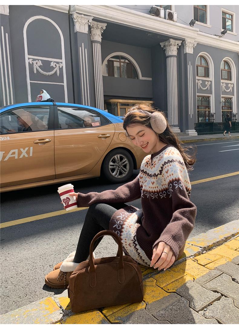 北欧风复古提花毛衣针织半身裙套装女秋冬季宽松上衣短裙两件套