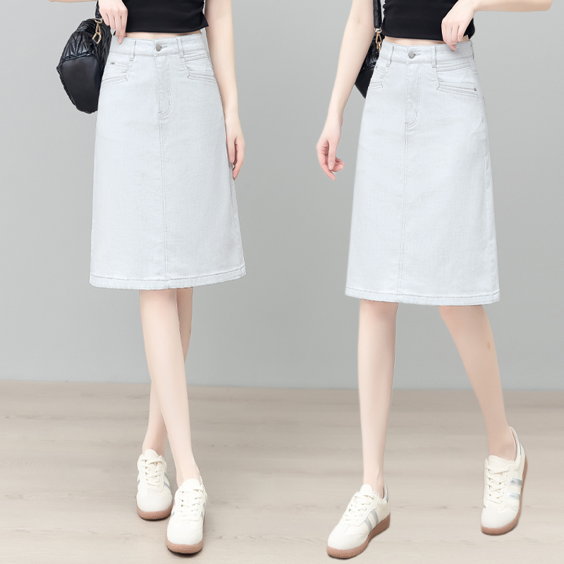 薄款莫兰迪灰牛仔半身裙女2025夏季新款高腰显瘦A字裙后开叉中裙