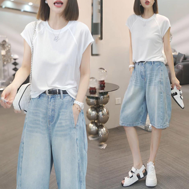 时尚流行网红穿搭两件套女2025夏季新款纯色休闲上衣配牛仔五分裤