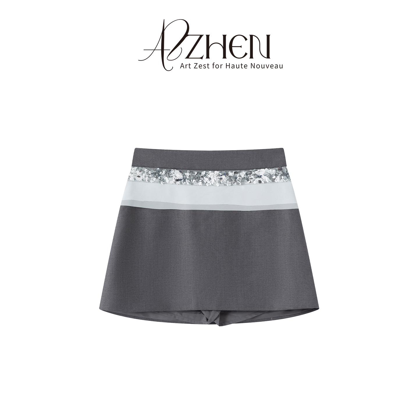 AZZHEN【精致加氛】亮片拼接高腰A字西装短裙AZ5FSQ花苞12-00