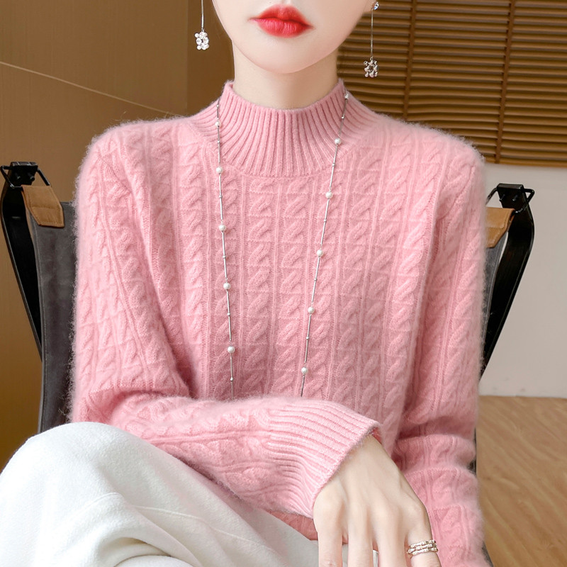 秋冬半高领毛衣女宽松加厚保暖套头麻花针织打底衫慵懒风百搭上衣
