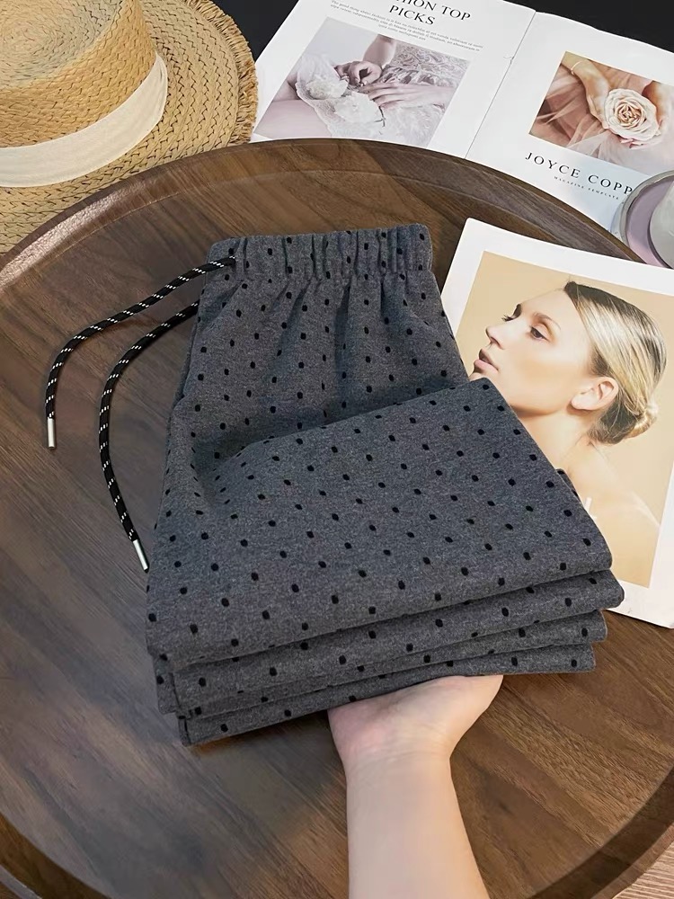 波点窄版阔腿裤女长裤2025春季新款松紧腰抽绳显瘦垂感休闲直筒裤