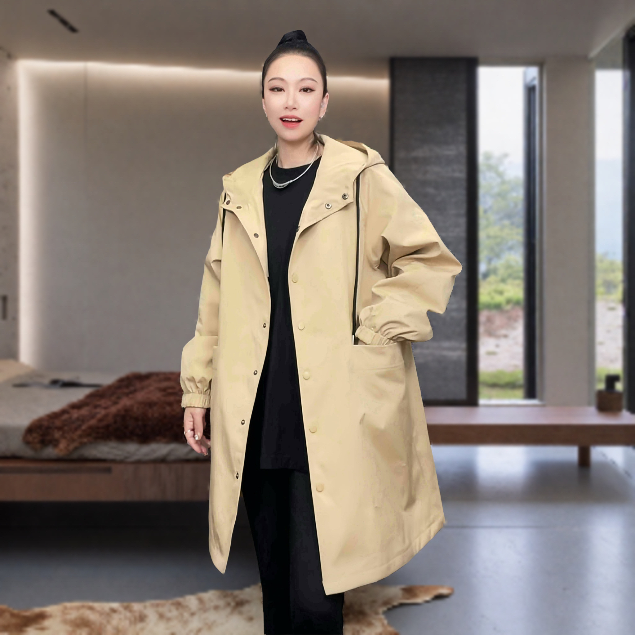 风衣女中长款休闲连帽韩版宽松大码显瘦时尚春秋百搭高级感外套