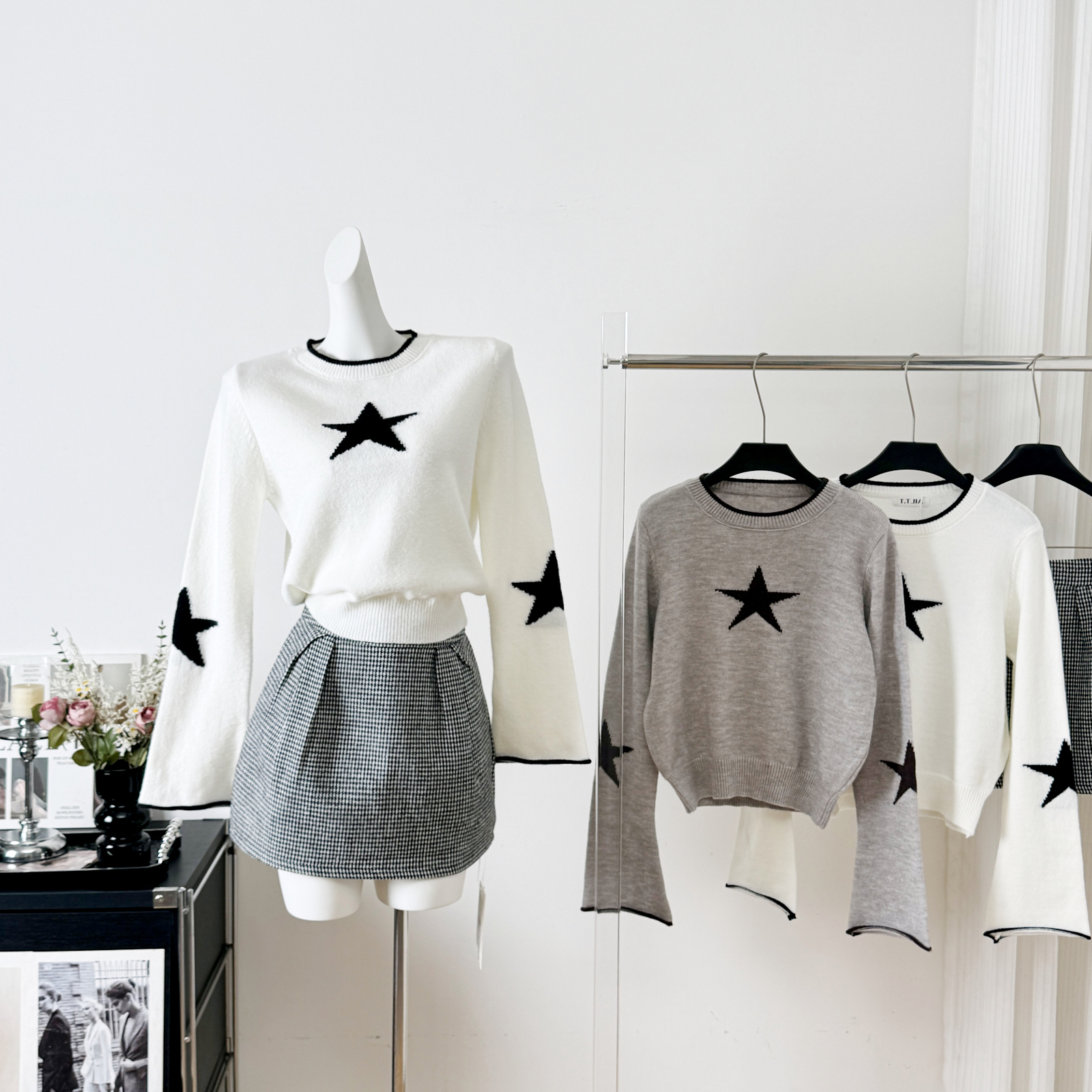 2025秋季新款五角星内搭气质显瘦圆领长袖针织衫女高腰花苞裙套装