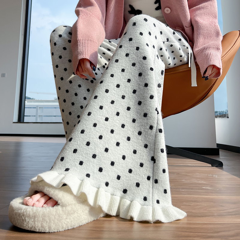 木耳边波点针织糯米微喇裤女秋冬垂感高腰显瘦慵懒休闲拖地马蹄裤