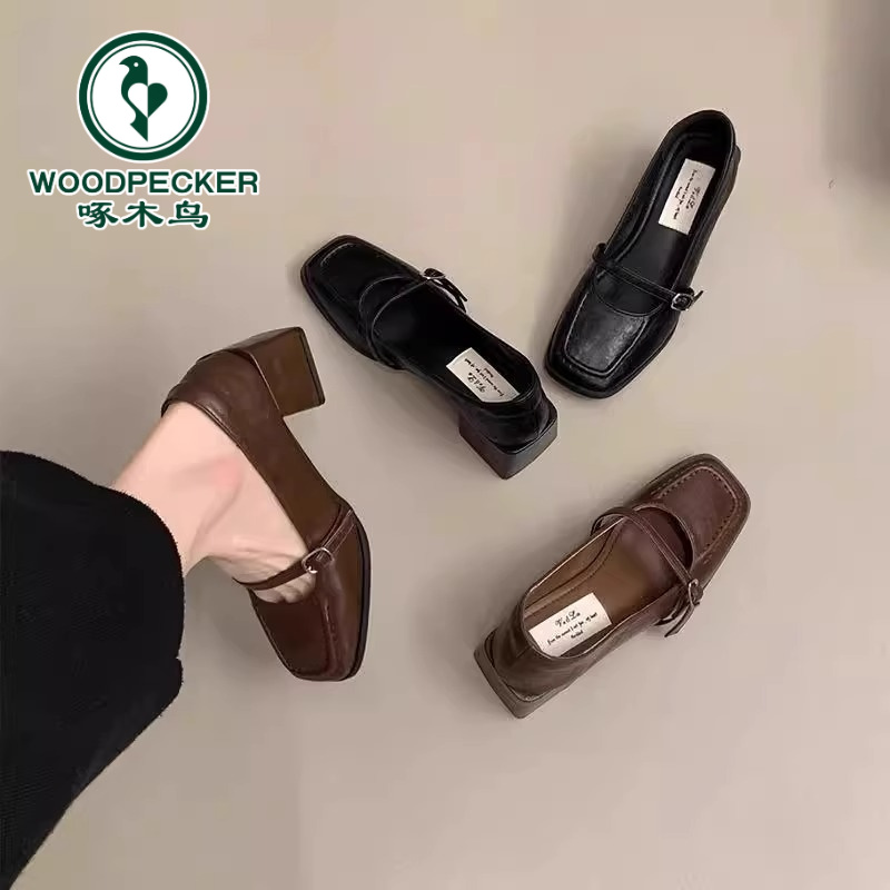啄木鸟复古方头高跟鞋浅口单鞋女春夏季乐福鞋粗跟玛丽珍小皮鞋女