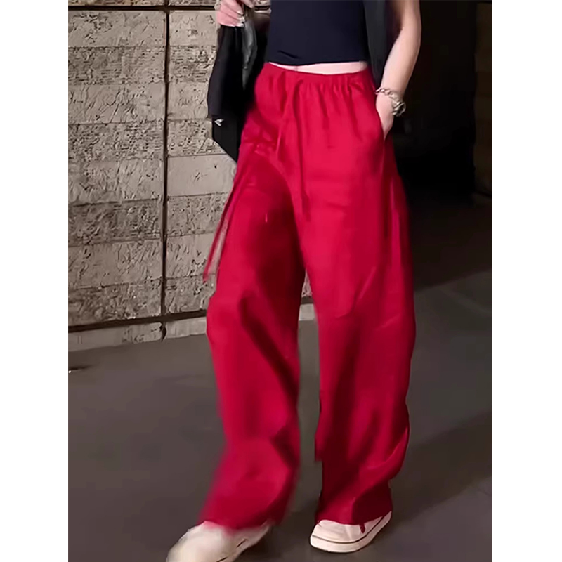 红色亚麻松紧抽绳阔腿裤女2025夏季新款慵懒松弛高腰显瘦直筒裤