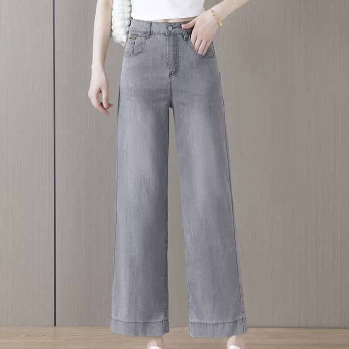 小个子158以下高腰阔腿裤女2025新款夏季莫兰迪灰七分 八分牛仔裤