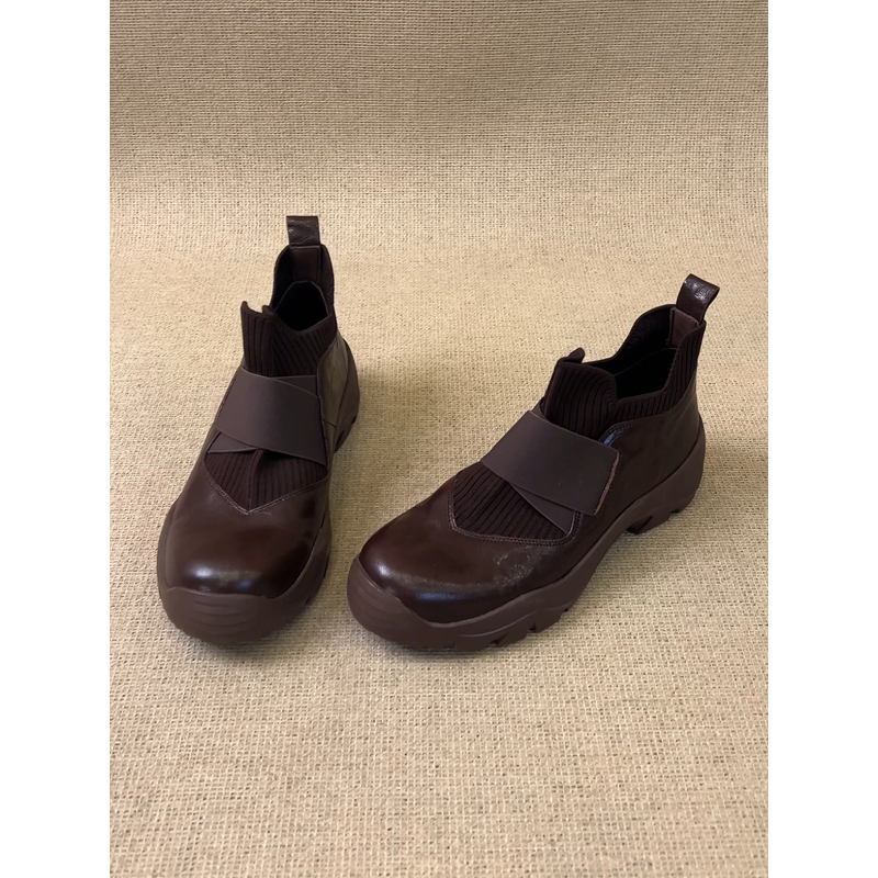 nnmiss/4.5cm复古圆头运动厚底短靴针织拼接交叉松紧带套筒及踝靴