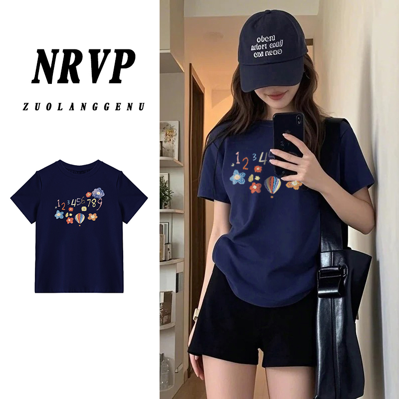 卡通微胖女生大码女装穿搭正肩短袖t恤女圆领显瘦遮肉弹力棉上衣