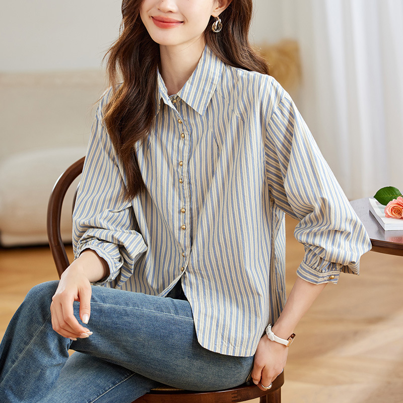 哥弟阿玛施正品直销翻领条纹衬衫女2025春装新款上衣高级感休闲珍
