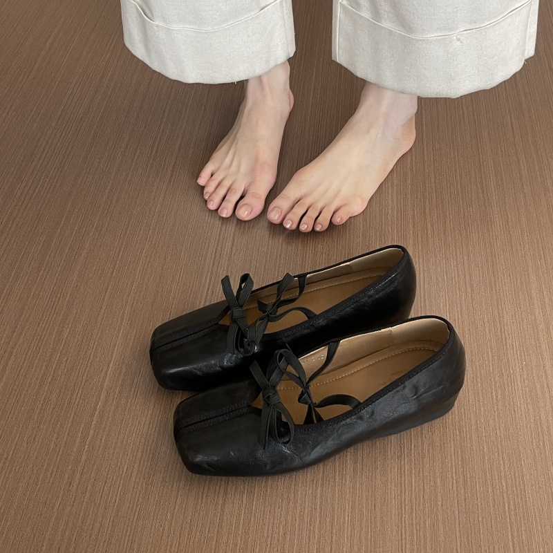 复古森系晚晚风蝴蝶结一字带方头玛丽珍百搭通勤内增高芭蕾单鞋女